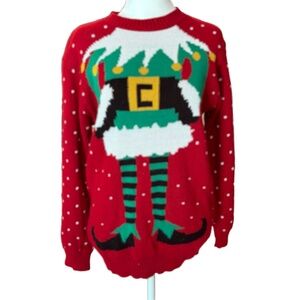 Design London Sweater  Sz Large Red Christmas Elf Design Crew Neck Festive